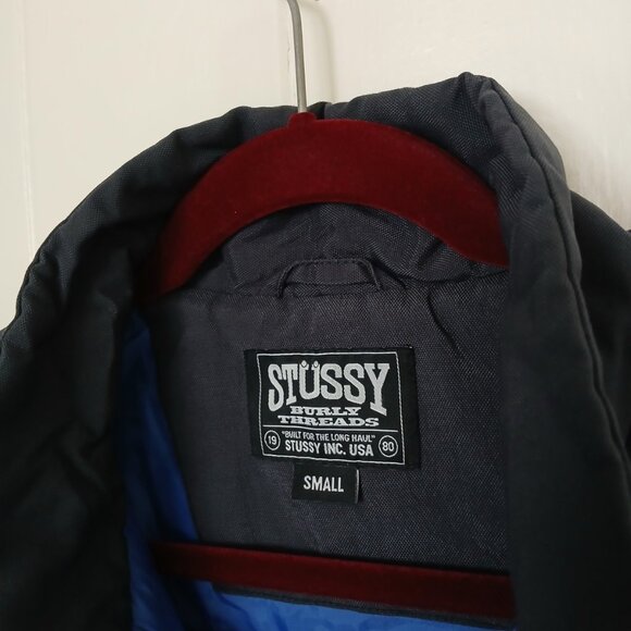 Vintage Stussy Burly Gear Vest Mens Small Snap Button Navy Blue 90s Work Jacket - Picture 14 of 16